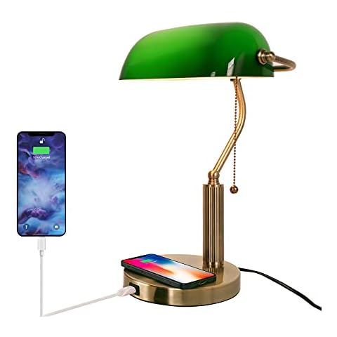 FIRVRE Green Glass Bankers Desk Lamp Reading E27 Classic Retro LED Table Lamp with Wireless Charging USB Port Vintage Brass Pull Chain Switch Nightstand Bedside Light for Home Office Bedroom Study Cover