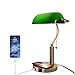 FIRVRE Lampada da scrivania banchieri in vetro verde E27 Lampada da tavolo vintage classica europea tradizionale con caricatore wireless e porta USB Interruttore a catena in metallo antico in ottone