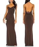 Aigeman Women Spaghetti Straps Mermaid Evening Gown Wedding Guest Dress Drape Neck Lace Backless Formal Maxi Dress 21(Medium,Coffee)