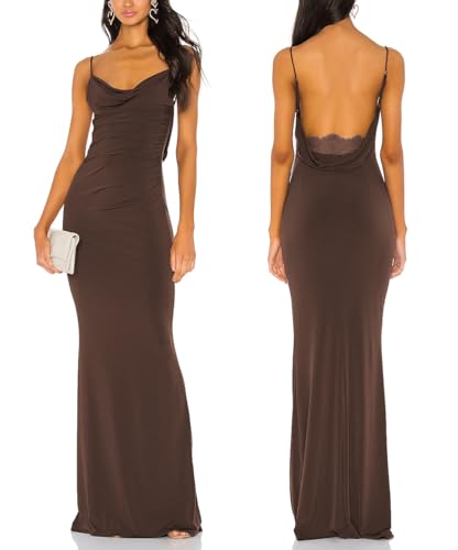 Aigeman Women Spaghetti Straps Mermaid Evening Gown Wedding Guest Dress Drape Neck Lace Backless Formal Maxi Dress 21(Medium,Coffee)