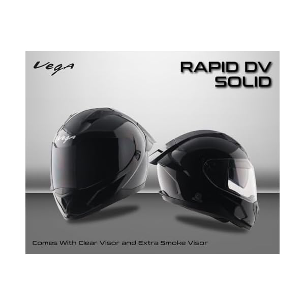 Vega Rapid D/V Full Face Motorcycle Helmet with Spoiler, Extra Smoke Visor, Matte Shell, Shock Absorbing Liner, Comfortable Interior, Ventilated Fit, and Trendy Dull Black Finish Dull Black-L