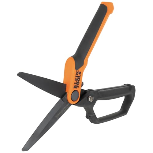 Image of Klein Tools T2111 Titanium-Coated Professional Scissors, High Leverage Stainless Steel Shears, Serrated Blades, Cuts Heavy Duty Material, 10-Inch