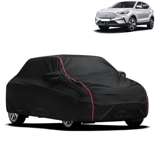 Image of Waterproof Car Cover for MG ZS EV | All-Weather Protection, Dustproof & UV Resistant | Triple Stitched Mirror Pockets, Windproof Buckle Strap with Elastic Hem, Black-Red Piping