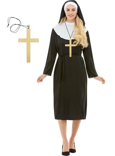 Funidelia | Disfraz de monja con cruz para mujer Religioso, Nun, Sister Act, Profesiones - Disfraz para adultos y divertidos accesorios para Fiestas, Carnaval y Halloween - Talla S - Negro