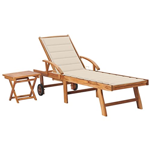 SKM Tumbona con Mesa y cojín Madera Maciza de Teca,Mobiliario,Muebles de jardín,Asientos de Exterior,Tumbonas,Crema,22.86 kg,3063023