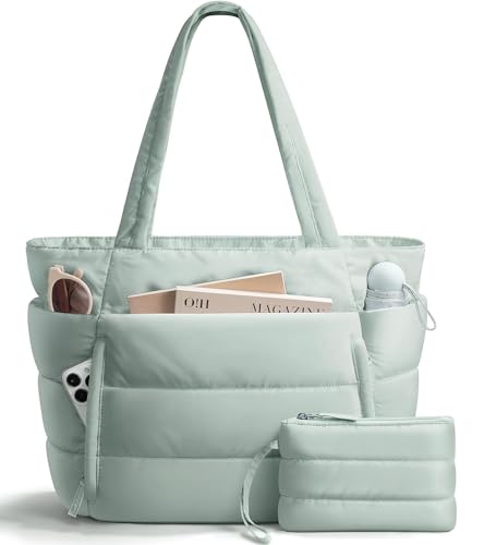 Image of Bagstellar Puffer Tote Bag for Women, Lightweight Puffy Work Handbag Teacher Nurse Quilted Shoulder Bag for School Travel Gym | Cloud Bag w / Zipper