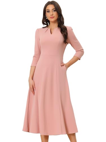 Image of Allegra K Womens 3 /4 Sleeve A-Line Business Work Formal Midi Dress | Elegant Dresses with Pockets, V Neck, Cockatail Party Church Funeral Outfits, Spring Fall Winter