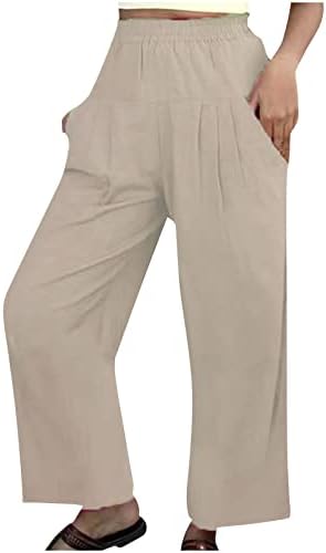CHGBMOK Womens Casual Elastic Waist Long Pants Cotton Linen Wide Leg Pants Solid Comfy Jogging Jogger Trousers with Pockets