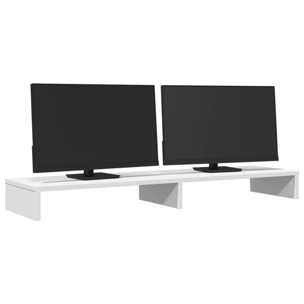 Supporto per monitor bianco, 100 x 27 x 10 cm, in legno per un lavoro ergonomico, adatto per due monitor, con vano portaoggetti, regolabile in altezza, stabile supporto per laptop e PC
