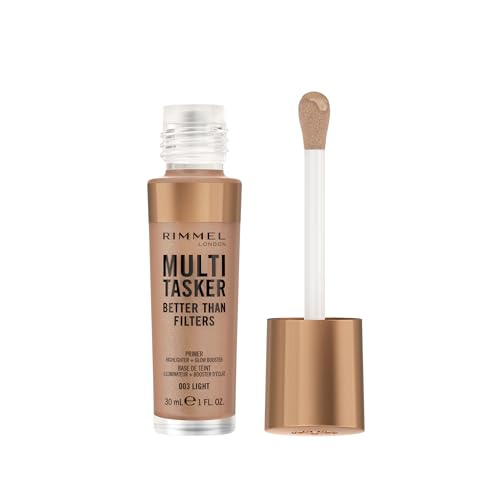 Rimmel Multi Tasker Better Than Filters 3 in 1 Face Primer Glow Booster and Highlighter Flawless Finish Infused with Vitamin C and E Maxi Soft Applicator Vegan 30ml