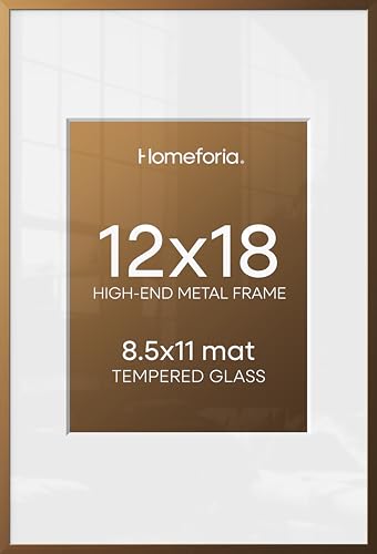 Image of Homeforia 12x18 Bronze Picture Frame, High End Metal 12x18 Brass Poster Frames with Mat 8.5x11 Photo, 12 x 18 Frame Matted to 8.5 by 11 inch Print, 18x12 Thin Frame, Tempered Glass, Wall Kit, Set of 2