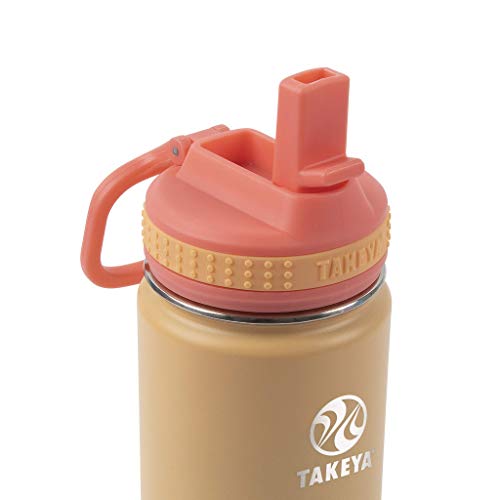 Image of Takeya Actives Kids Water Bottle 16 oz Stainless Steel Double Wall Insulation BPA-Free Leakproof Straw Lid Easy Carry Handle Reusable Ideal for Boys and Girls, School, Sports - Cantaloupe / Coral