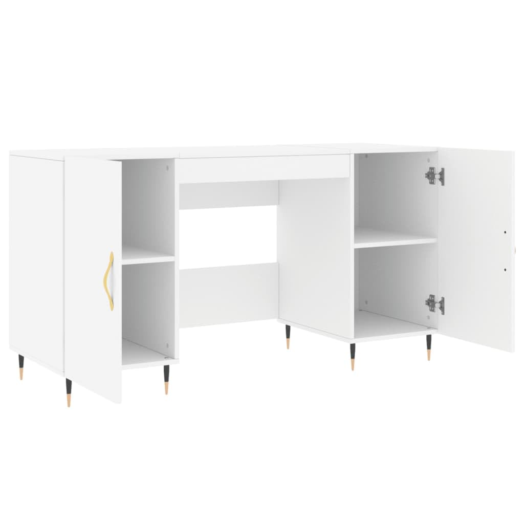 Biurko białe 140 x 50 x 75 cm, materiał drewnopochodny z 4 półkami, żelazne nóżki, aluminiowe uchwyty, kompaktowy stół roboczy do domowego biura, gabinetu, stabilne meble biurowe