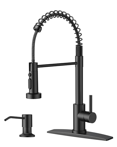 FORIOUS Black Kitchen Faucet with Soap Dispenser, Stainless Steel Single Handle Modern Spring...