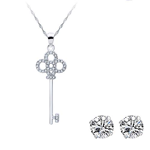 Preisvergleich Produktbild Zeitenwende Weiß Goldplattierte 925 Silber Damenhalskette mit Schlüsselanhänger - Mikroeingelegtes Cubic Zirkonia - Schlüssel zu Meinem Herzen - Lieferung mit Geschenkbox - Schönes Frauengeschenk