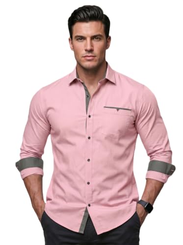 Image of Men's Cotton Blend Shirt with Solid Long Sleeves Spread Coller Neck Regular Fit Single Chest Pocket and Standard Length | Cotton Casual Shirt for Man