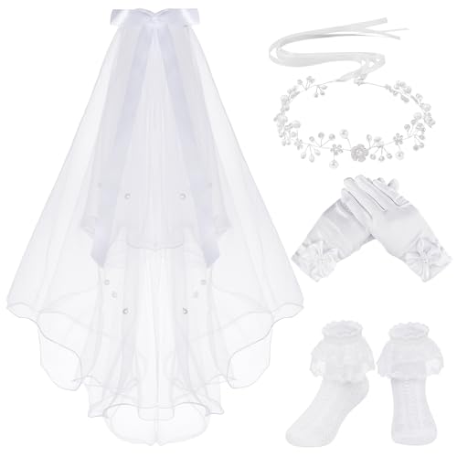 Ishua 6 Pcs First Communion Veil Set Headpiece Gloves and Socks for 1st Holy Communion Wedding Party Costume
