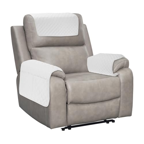 sourcing map 3 PCS Armrest Covers, Couch Arm Cover Furniture Protect Slide Recliner Chair Armchair Covers with Side Storage Pocket for Sofa Recliner, Ecru