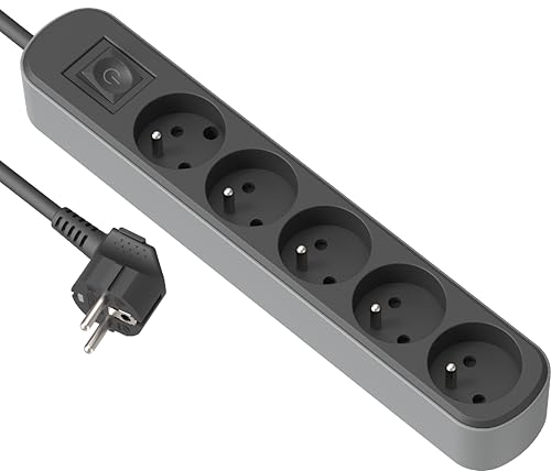 Electraline 32027 Bloc Multiprise Prima 5 Prises 16A avec Interrupteur, Longueur 1.5 Mètres, Noir/Gris