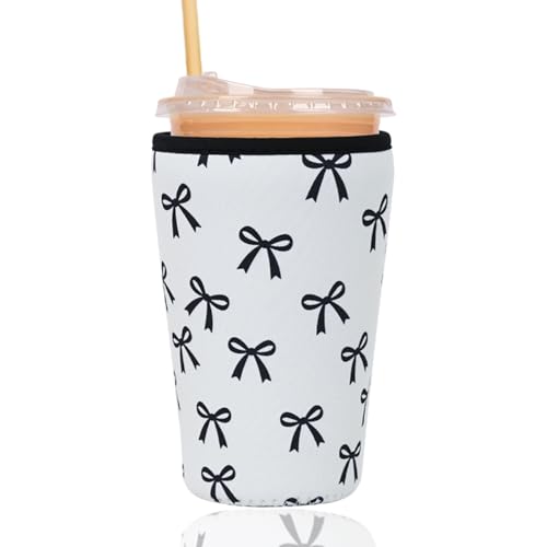 Image of Reusable Insulated Sleeve for Iced Coffee Cup, Coffee Neoprene Sleeve for Cold & Hot Drinks, Beverage Holder for Iced Coffee (Black Bow, Large: 32oz)