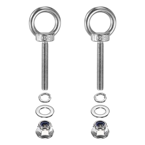 Image of PATIKIL M6 x 40mm Shoulder Eye Bolt, 2 Pcs 304 Stainless Steel Lifting Ring Threaded Eye Bolt with Flange Lock Nuts Spring and Flat Washers for Hanging Tie Down Straps Outdoor Indoor