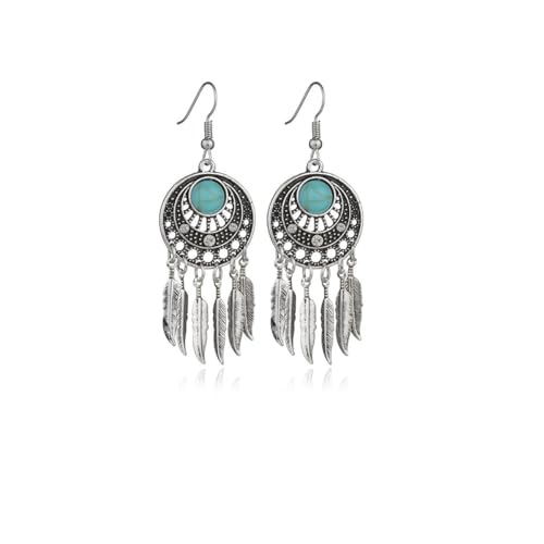 AIMALL Bohemian Turquoise Dream Catcher Earrings - Bronze Carved Geometric Feather Tassel Jewelry (Silver)