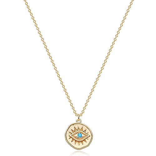 Bemoly Gold Dainty Evil Eye Necklace for Women 14K Gold Plated Turquoise Coin Pendant with Simple Chain Jewelry Gift