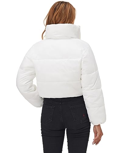 Fuinloth Women's Puffer Jacket, High Stand Collar Zip Pocket Crop Long Sleeve Coat4