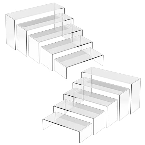 ZYNERY 10 Pcs Acrylic Display Riser 5 Sizes Large Acrylic Risers Display Stands Transparent Rectangular Tiered Display Shelf for Figures Buffets Cupcakes and Jewelry Display Stands
