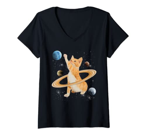 Mujer Caturn Saturn Cat In Space Funny Kitten Cats Lovers Galaxy Camiseta Cuello V