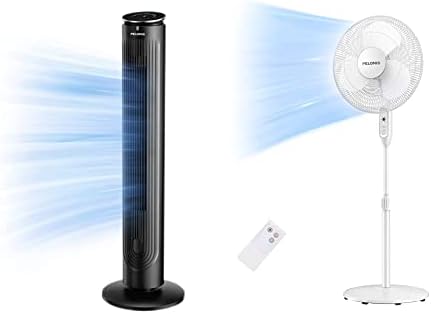 PELONIS 42’’ Oscillating Tower Fan with Aromatherapy Diffuser, Remote Control, 5 Speed Settings with 3 Modes LED Display & 16'' Pedestal Remote Control Oscillating Stand Up Fan 7-Hour Timer