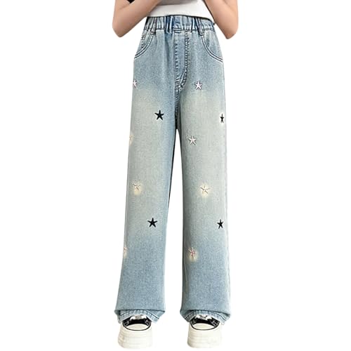 Little Girls Casual Denim Pants Patchwork Stripes Button Front Elastic Waist Grunge Pants Fall Jeans 5t