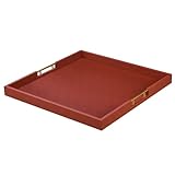 20x20 Inches Large Brown Faux Leather Wrapped Wood Ottoman Tray with Handles for All Occasions, Serving Food Breakfast On Bed, Home Decor Decorative, Living Room,Square Coffee Table Organizer