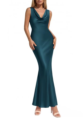 Image of KIRUNDO Womens Cowl Neck Sleeveless Bodycon Satin Maxi Dress | Formal Silk Long Dresses, Mermaid Hem, 2026 Summer Elegant Wedding Guest Cocktail Party Fall Outfits