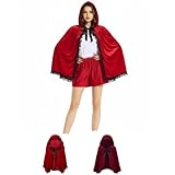 Generisch Disfraz de Caperucita Roja para mujer, vestido de fiesta, de terciopelo, capa roja con capucha y ribete de encaje, moderno para Halloween, carnaval, cosplay, adultos, mujeres, niñas, niños