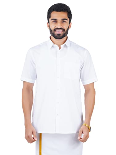 Image of RAMRAJ COTTON Men White Half Sleeve Shirt Crafted For Comfort| Durability| And Timeless Everyday Style
