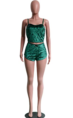 Women's Velvet 2 Piece Outfit Spaghetti Strap Sleeveless Crop Top and Shorts Pajamas Set Green XXL