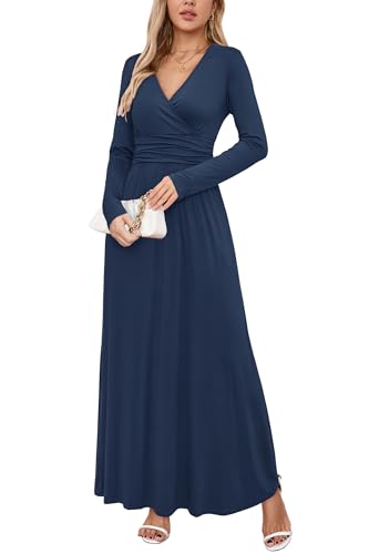 OUGES Damen Kleid Langarm V-Ausschnitt Winterkleid Casual Boho Kleider Maxikleid mit Taschen Herbstkleid(Navy blau, L)
