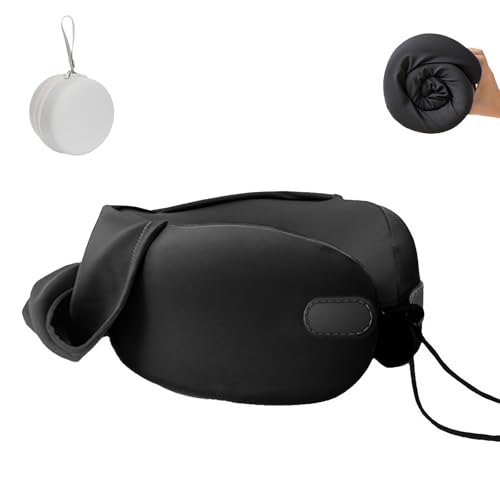 Reelyo ネックピロー 飛行機 枕 快適グッズ フード付き トラベルピロー 首枕 竹炭メモリーフォーム 携帯枕 コンパクト 360°包み込む 折り畳み可能 脱着式 クッション 旅行/車中泊/夜行バス/新幹線/ソファ/椅子/オフィス/お昼寝/仮眠/防災用 父の日 母の日 誕生日プレゼント対応 収納ボックス付き (ブラック)