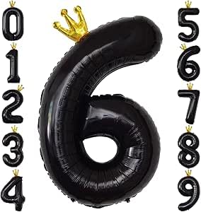 バルーン ナンバー6 数字 風船 誕生日 黒 1.8m 大きい バースデーバルーン 王冠付き クラウン 飾り付け 結婚式 パーティー 記念日 ウェディング ブラック