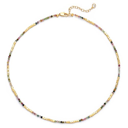 MTMY Beaded Gemstone Choker Necklace for Women, 14K Gold Plated Boho Colorful Natural Stone Bead Chain Necklace Summer Beach Handmade Jewelry