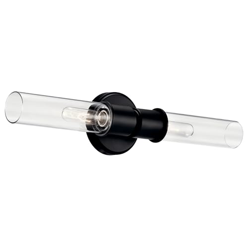Image of Kichler Aviv 2-Light Wall Sconce, Modern Light with Clear Glass in Black, for Bedroom, Laundry Room, Kitchen or Hallway (24 inch x 5.5 inch), 52654BK
