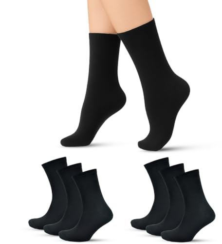 6 or 12 Pairs Black Crew Socks Women | Plain Design Indoor/Outdoor Sports Socks Running Walking Athletic Wear & Home Workout Everyday Casual | Soft Durable & Quick Drying Ladies Black Socks 4-8