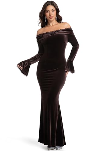 Image of HOYISHION Women's Off The Shoulder Floral Lace Maxi Dress White Bridesmaid Wedding Party Maternity Photoshoot Long Dresses
