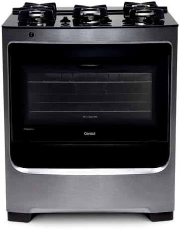 Fogão Consul 5 bocas cor Inox com mesa de vidro e grade de ferro ...