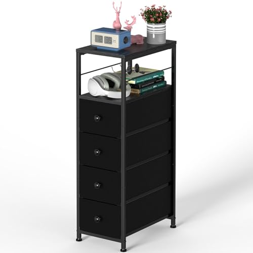 LIANTRAL Cómoda estrecha para cuarto de baño, cómoda estrecha, armario de almacenamiento, cómoda con 4 cajones de tela y estante de madera, organizador de dormitorio para habitación pequeña, armario