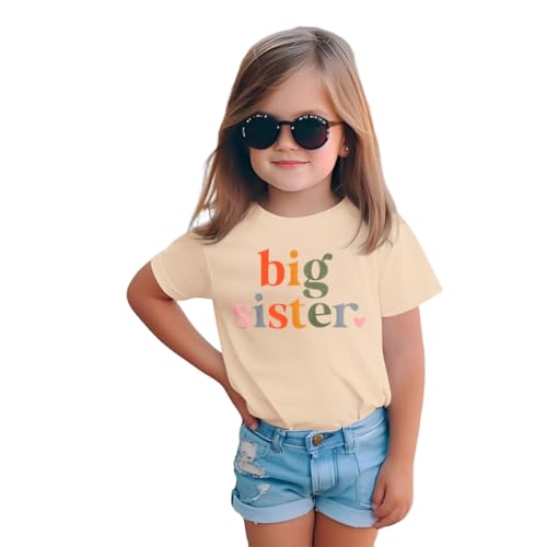 Big Sister T-Shirt Große Schwester Shirt Baby Ankündigung für Mädchen Outfits Sommer Kurzarm Tops Befördert zu Big Sister Tees Süßes Rundhals Tshirt Baumwolle Hemd(Apricot 18-24Monate)