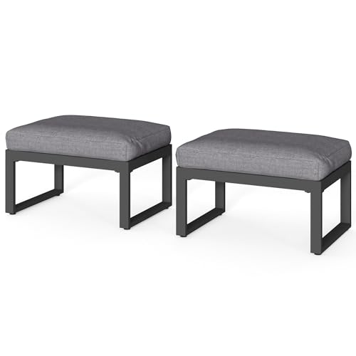 RoyalCraft 2 Pieces Aluminum Outdoor Patio Ottoman Set, Outdoor Foot Stools with Thick Cushion, Small Seat Furniture for Porch Balcony Backyard, Grey