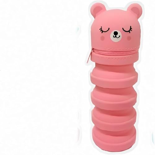 Estojo Retrátil de Silicone Colorido – Compacto, Divertido e Multifuncional | Organizador Escolar para Lápis, Canetas, Maquiagem e Viagem/Ursinho (ROSA)