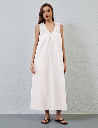Image of MISSACTIVER Women's Sleeveless Maxi Dress Scoop Neck Ruched Long Dress with Side Pockets Wide Shoulder Elegant Blouse Dresses
